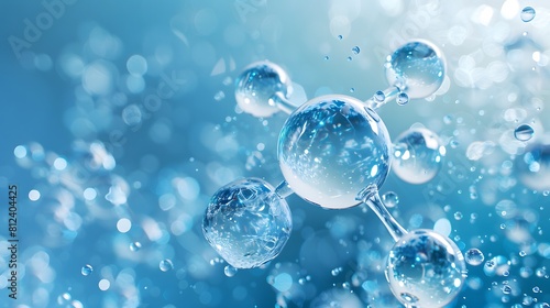 3D rendering of a transparent molecular structure containing carbon and keratin spheres on a blue background. creating depth through light reflections on bubbles and particles. 