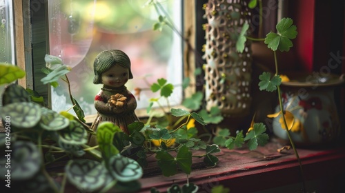 Doll ornamentation fortune foliage clover narrative folklore beside the window