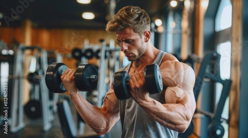 A muscular man in a gray tank top is doing bicep curls with dumbbells in a gym.