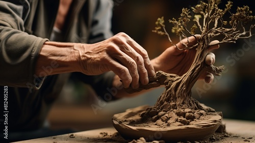The master of sculpting pottery working in a studio compressing twigs into the clay