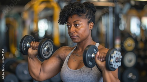 A muscular woman works on her biceps with dumbbells.