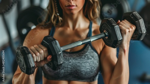 A muscular woman works on her biceps with dumbbells in a gym.