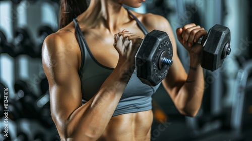 A muscular woman in a gray sports bra works on her biceps with dumbbells.