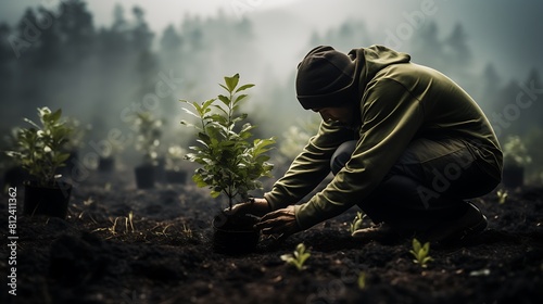 A person participating in a reforestation project to combat deforestation for Earth Day.