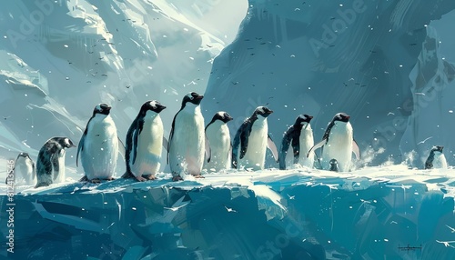 Represent a colony of penguins huddled together on an Antarctic iceberg, their sleek forms enduring the bitter cold with stoic resilience