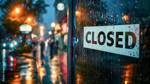 A "Closed" sign on a rainy window at dusk, with blurred city lights and pedestrians in the background - Concept image for struggling small businesses in big cities