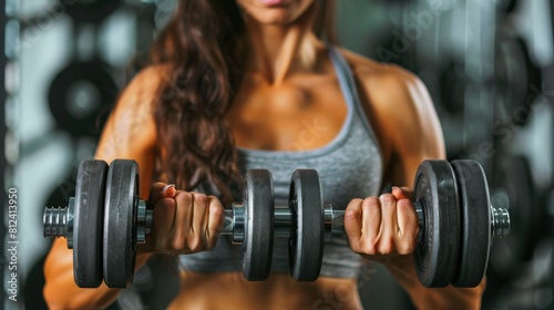 A muscular woman in a gray sports bra is lifting weights in a gym.