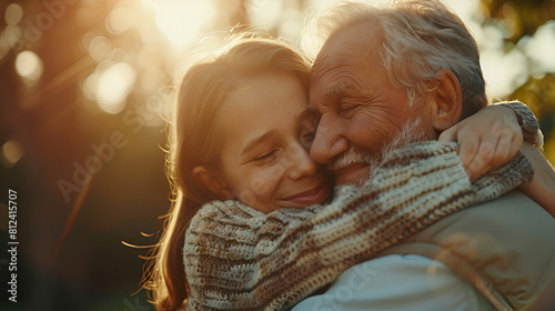 lovingly with dad copy father happy loving hugging adult grandad embrace affection fathers love affectionate daughter child woman space senior in smiling elderly concept in day family