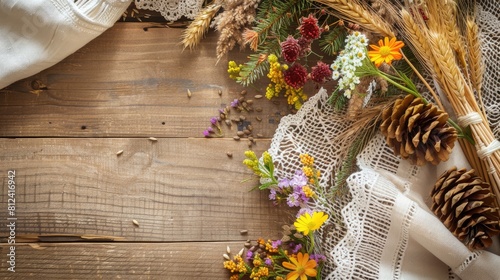 A rustic wooden table adorned with linen tablecloths towels and napkins featuring delicate white crochet lace trim alongside pine cones vibrant flowers and golden spikes of wheat