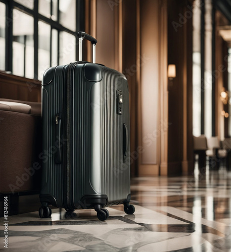 A vacation travel suitcase in the lobby of a luxury hotel