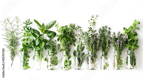 Clear glass jars holding an array of fresh herbs, their vibrant green hues contrasting beautifully with a clean white background.