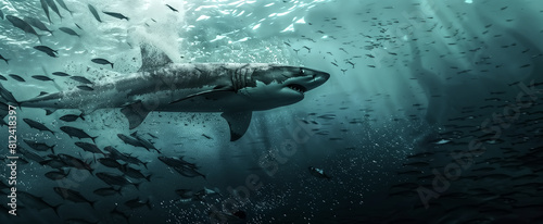 The shark hunting in a school of sardines in the open ocean