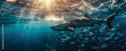 The shark hunting in a school of sardines in the open ocean