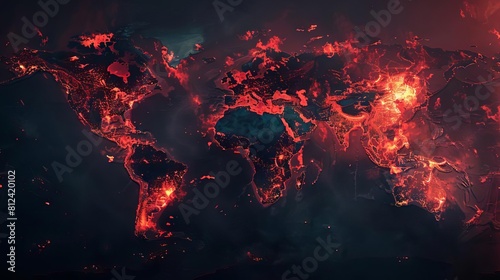A graphic concept showing a world map where areas most affected by PM25 are glowing ominously red