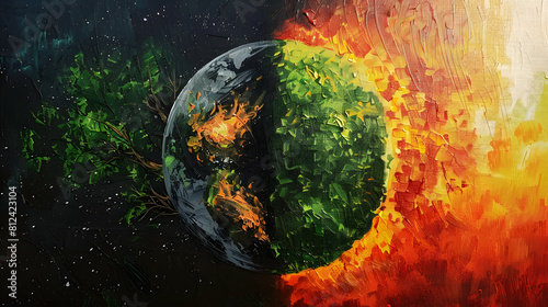 abstract painting planet earth on fire from environment problem and global warming half green with tree half dead from fire