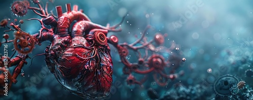 A human heartshaped gear system pumping with life, veins connecting each gear, merging biology with mechanics