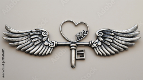 Silver winged key with a heart-shaped bow and intricate detailing, symbolizing freedom and love.