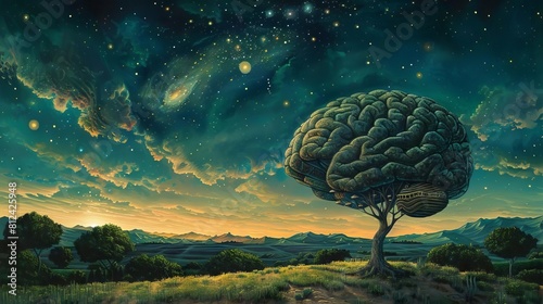 A magical realism painting of a brain rooted like a tree in a lush, gearfilled meadow under a starlit sky