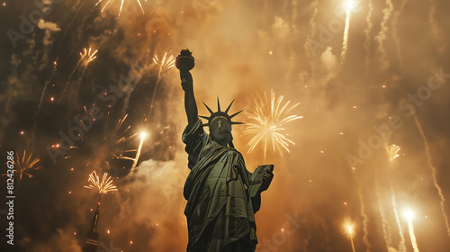 fireworks explode over the statue of liberty