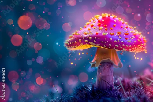 psychedelic mushroom with glowing spots, mushroom in the forest
