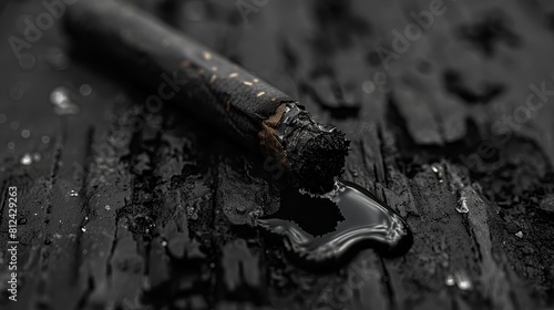 Closeup of a cigarette with tar dripping down, visual metaphor for its harmful effects, dark and impactful