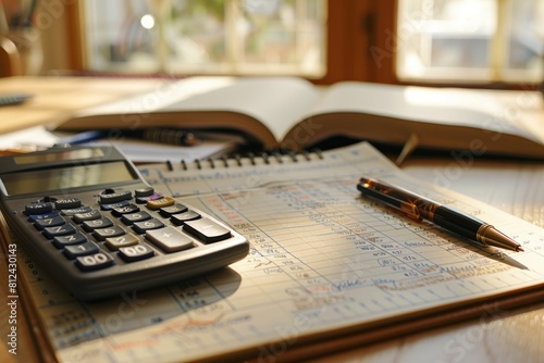 A neat office desk featuring a calculator, pen, and notebook laid out in an organized manner