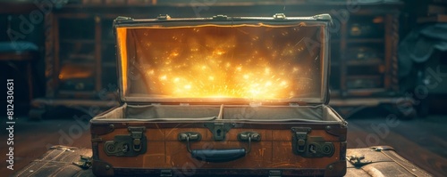A photo showing a vintage suitcase opened to reveal a glowing portal to a digital currency dimension