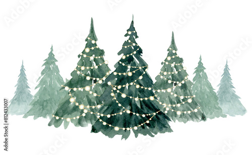 Fir trees in a row decorated with lights garlands watercolor illustration isolated on white. Winter green spruce forest for holiday celebration horizontal banner and landscape