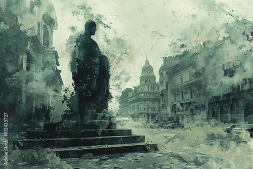 A powerful image of a statue in a city square, its features eroded and discolored by acid rain from air pollution