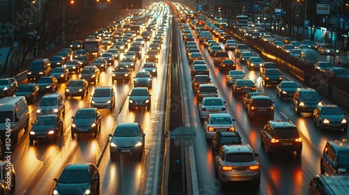 A busy highway with many cars on it. The cars are moving slowly and the street is wet