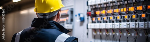 Electrician inspecting electrical supply in front of control fuse switchboard 