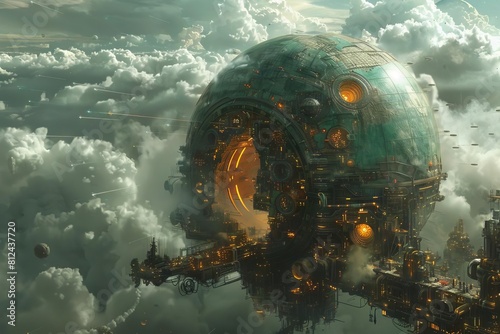 A science fiction scene of Earth evolving into a fully mechanized sphere, hosting a civilization dependent on gears and technology