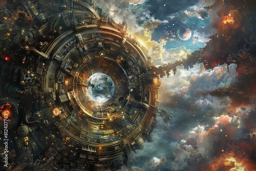 A science fiction scene of Earth evolving into a fully mechanized sphere, hosting a civilization dependent on gears and technology