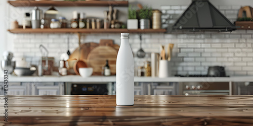 Mockup Featuring White Stained Bottle Simple minimalist modern kitchen cozy comfortable and elegant for house and apartment, cabinet, kitchen sink