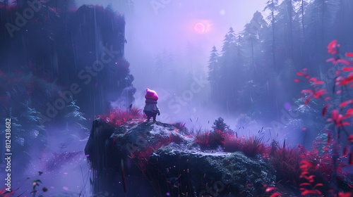 A Lone Gnome Navigates the Ethereal Mist of an Enchanted Forest Searching to Reunite with Their Companions