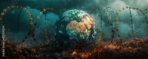 A somber image of Earth entangled in barbed wire, symbolizing conflict and war over resources