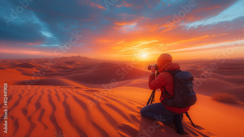 A visually elaborate image showcasing a photographer setting up their equipment in a vast desert landscape, capturing the dramatic play of light and shadow as the sun sets over rol