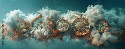 A surreal image of ancient clocks floating within a cloud, each showing a different time zone around the world