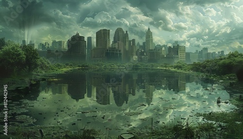 A surreal portrayal of Earth with cities turned into graveyards, reflecting the aftermath of environmental disasters