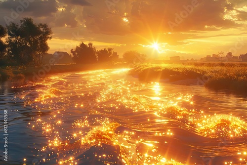 A surreal visualization of a river where the flowing water is replaced by flowing golden light from the sun, powering nearby homes