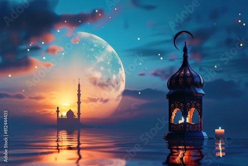 Ramadan Kareem - Moon And Arabian Lantern With Blue Sky At Night With Abstract Defocused Lights - Eid Ul Fitr