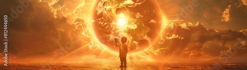 A symbolic photo of a child holding a small globe facing a large, overpowering sun, representing the vulnerability of Earth