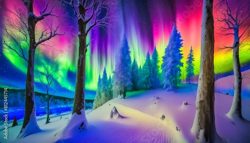 雪に覆われた風景に踊るオーロラを視覚化します。雪に覆われた木、夜空に浮かぶオーロラの鮮やかな色など、さまざまなシーンが考えられます
