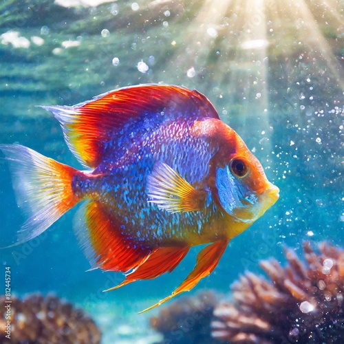 繊細なヒレを持つきらめく熱帯魚が壮大な海の中をくるくると回り、虹色のヒレが柔らかな光にきらめき、太陽が輝いています。