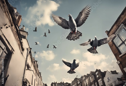 古い街の通りを飛ぶ鳩たち