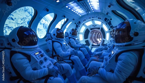 Show a group of space tourists experiencing zero gravity inside a specially designed tourist spacecraft