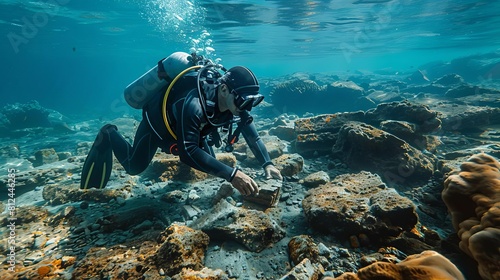 Show a maritime archaeologist diving near a sunken shipwreck, uncovering relics that shine light on centuriesold voyages