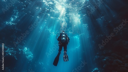 A scuba diver looks at an underwater diving club logo as he dives and holds a rope while diving to the bottom of the sea. Sunrays shine underwater as the diver dives into the sea. The background is a