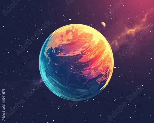 A beautiful painting of a planet. The planet is mostly blue with splashes of yellow, orange, red, and purple. There are two moons in the background and a smattering of stars.