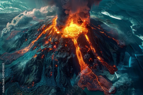 A volcanic eruption viewed from above, with molten lava creating new land in the ocean